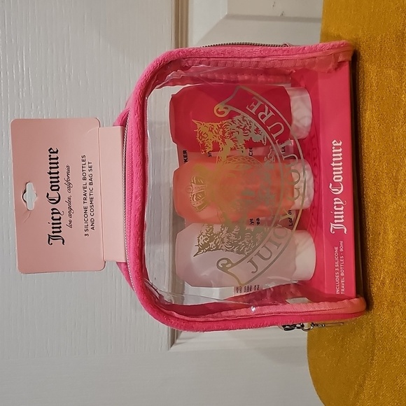 Juicy Couture Clear Cosmetic Bag set with 3 Silicone Travel Bottles NWT - Picture 1 of 5